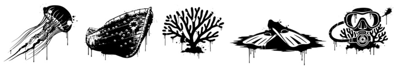 Underwater diving icons set with jellyfish shipwreck coral and gear in urban grunge style © UrbanDruid