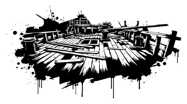 Wooden ship deck or pier with paint splatters and drips in urban stencil style