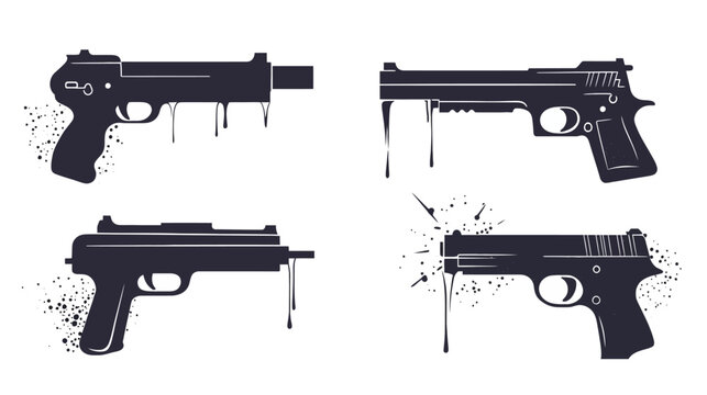 Four stylized pistol illustrations, with dripping ink effects and splatter, presented against white