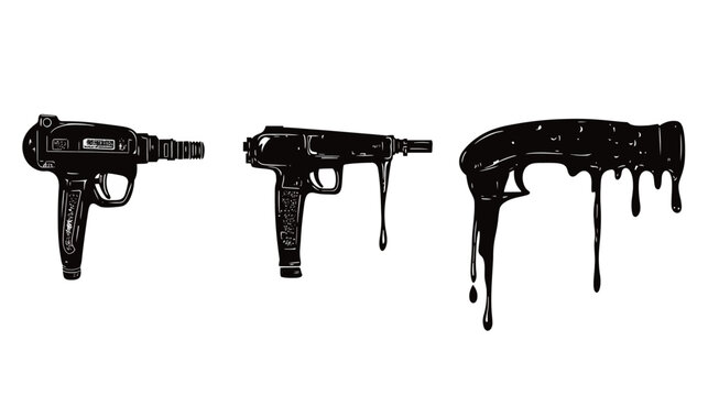Three stylized handguns, gradually melting into drippy forms against a stark white backdrop