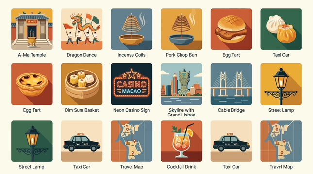 A collection of flat design icons representing various cultural, culinary, and architectural elements of Macau, including temples, food, casinos, and transportation.