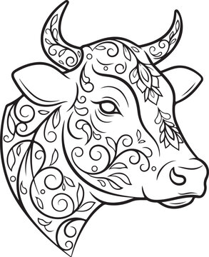 Floral Cow Head Vector Icon for Eid Al Adha Outline Style