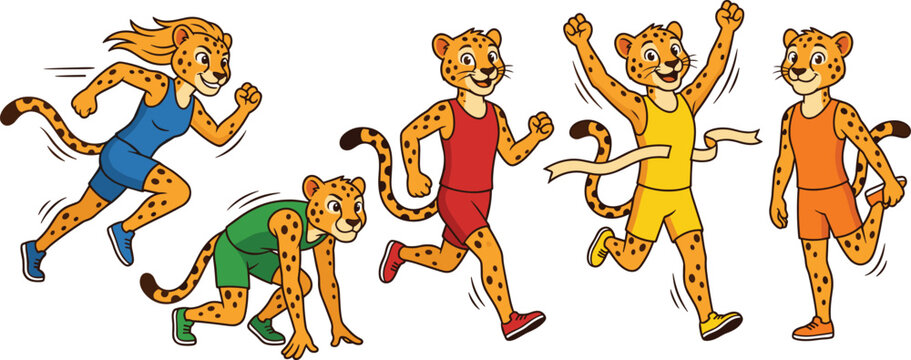 Cartoon Tiger and Cheetah Athlete Characters Running and Celebrating in Colorful Sports Uniforms Vector Illustration