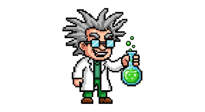 Pixel Art Mad Scientist Holding Green Potion Flask.