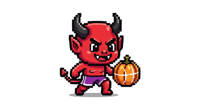 Pixel Art Red Devil Holding a Pumpkin Character.