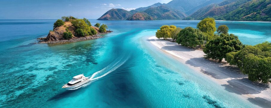 Aerial view of turquoise waters, white sand beach and yacht cruising past a tropical island