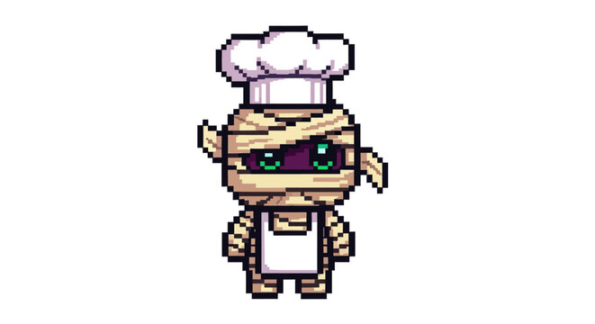Pixel Art Mummy Chef Character Wearing Chef Hat and Apron.