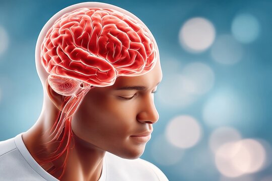 Medical illustration of human brain anatomy in x-ray style with nervous system overlay