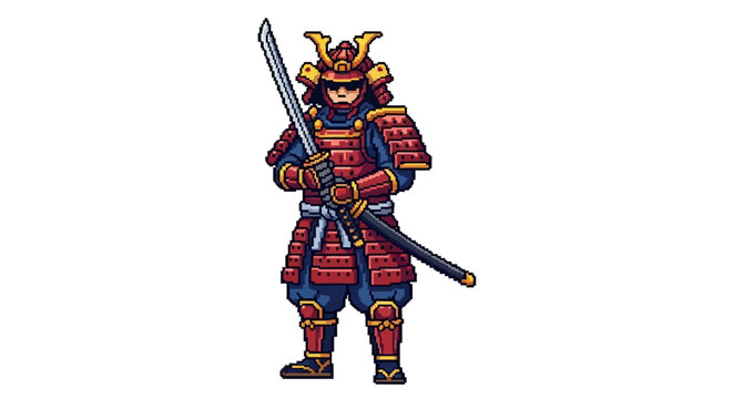 Pixel Art Samurai Warrior Holding Katana Sword.