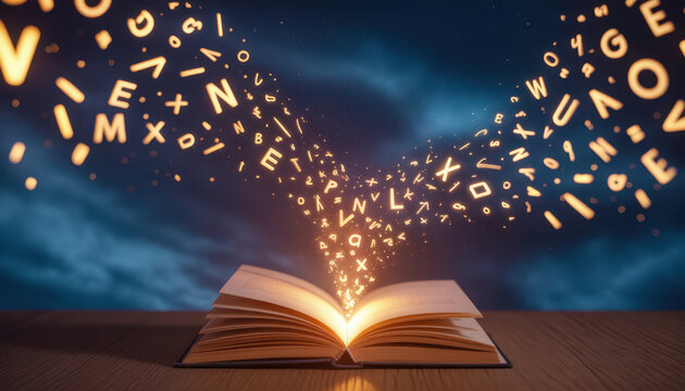 Surreal abstract of neurodiversity, dyslexia, and unique learning styles. Floating, glowing golden letters break free from a book 