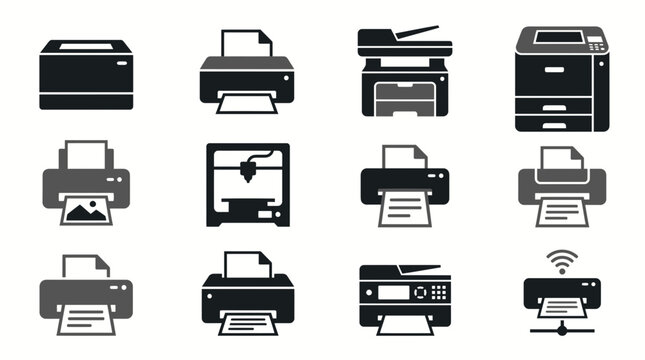 Various printer icons set including inkjet laser 3D and multifunction office machines on white background, concept for administrative management, digital documentation and office supplies