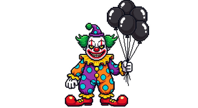 Scary Clown Holding Black Balloons Illustration.