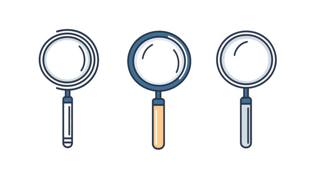 A set of three magnifying glasses, each with a different handle and lens design, on a white background