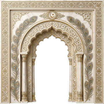 An ornate gilded archway featuring peacock feathers and intricate floral designs isolated on a white background high quality professional detailed modern