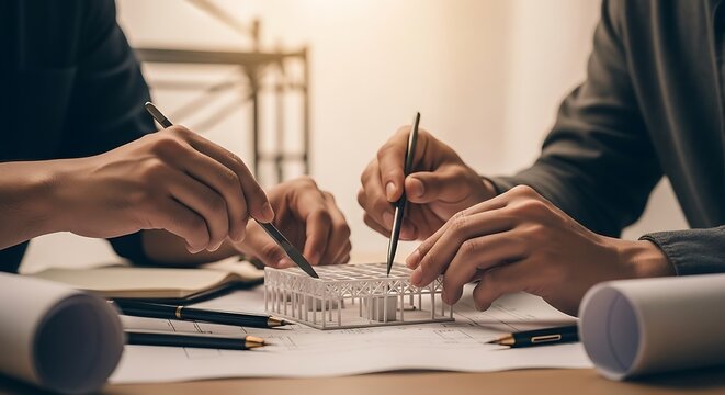 Two business people working on architectural plans.