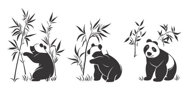 Three stylized panda bears among bamboo stalks on a white background