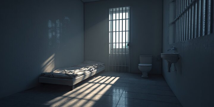 Dim, empty room with cot, toilet, sink; sunlight through barred window casts shadows
