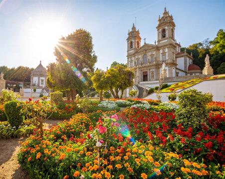 Santu&aacute;rio do Bom Jesus do Monte with vibrant flower gardens. Braga, Portugal