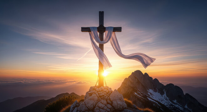 Majestic wooden cross draped with white fabric stands atop a rugged mountain peak at golden hour, symbolizing hope, peace, and faith.