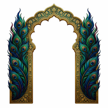 An ornate arched gateway is depicted lavishly decorated with vibrant peacock feathers and intricate gold detailing high quality professional detailed modern