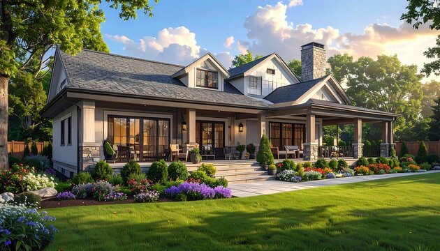 A large house with a spacious lawn and garden