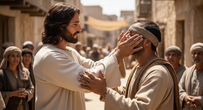 Jesus Christ gently touches a blindfolded man's face, symbolizing divine healing and compassion amidst an ancient middle eastern village street.