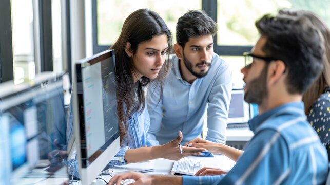 Young Business Team Collaborating in Modern Office with Computers and Natural Light