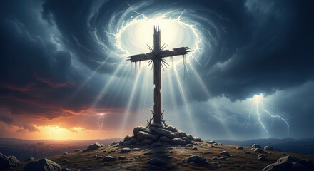 Obraz premium A symbolic wooden cross dramatically illuminated by powerful divine light from a swirling vortex in a stormy sky with striking lightning.