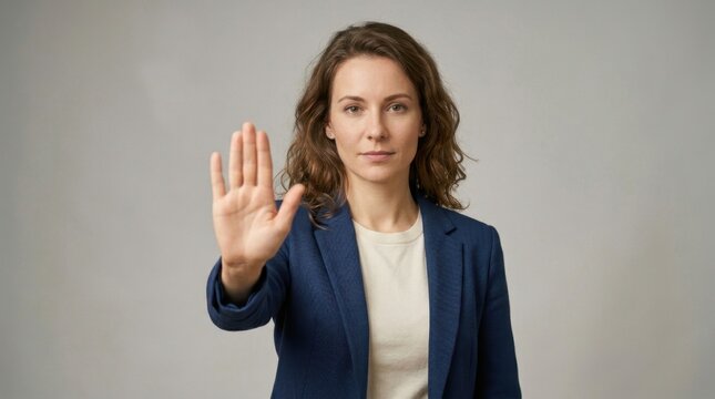 Serious and determined woman showing a stop gesture with her hand, signaling refusal, boundary, or protection. Concept of assertiveness, prevention, and saying no.