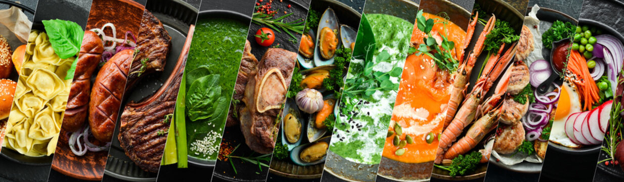 Background of food, drinks and dishes of European cuisine. on a dark stone background. Photo collage, banner from photos.