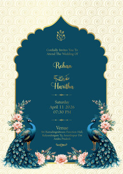 Floral Peacock indian wedding card design, invitation template