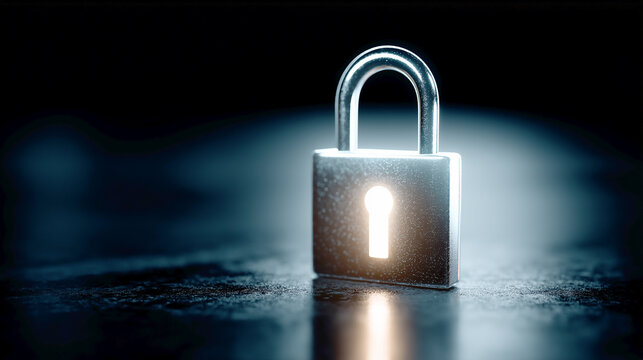 Shiny metallic padlock illuminated by bright light against a dark background, conceptual image for security breach prevention, private information safety, and digital vault protection, high contrast.