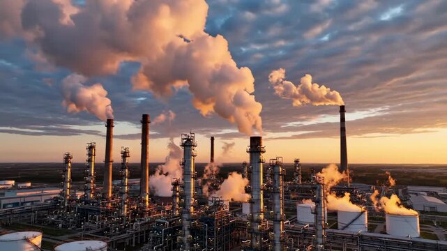 Industrial chimneys emit smoke against a dramatic sunset sky, blending industry and nature