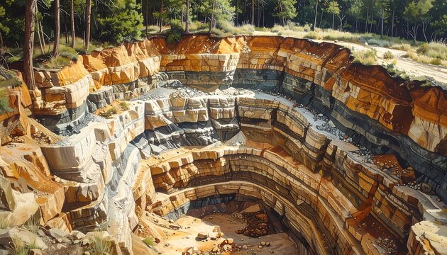 A large quarry with layered rock formations