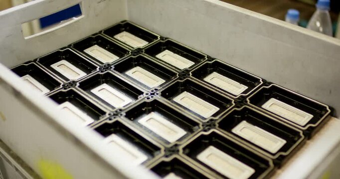 High angle view of black plastic industrial components arranged in rows within a grey storage crate