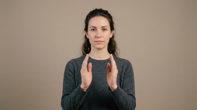 Young Caucasian woman looking at camera, gesturing with both hands as if demonstrating a size or measuring an imaginary object, against a plain beige background.