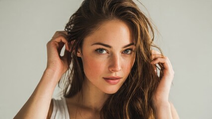 Fototapeta premium Natural beauty portrait of a young woman with long wavy brown hair and healthy skin, posing calmly in a studio with soft lighting.