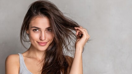 Fototapeta premium Beautiful young woman with long, healthy brown hair, smiling subtly and touching her hair against a simple grey background. Natural beauty and confidence.