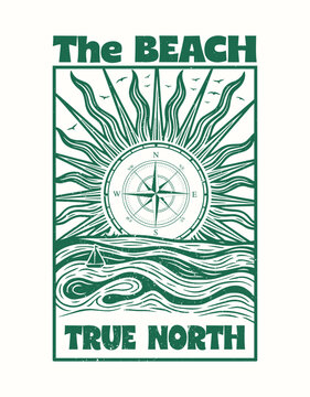 Nautical Compass Sunburst Typography T-Shirt Design with Ocean Waves