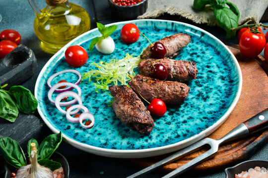 Lyula kebab made of veal. Barbecue menu. Azerbaijani cuisine. Top view.