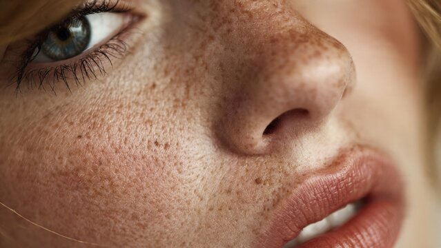 Extreme macro close-up of a young woman's face highlighting natural freckles, soft skin texture, blue eye, and delicate lips under warm lighting for skincare and authentic beauty campaigns.