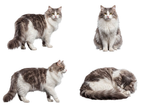 Four diverse poses of a beautiful long-haired domestic cat with white and tabby fur.