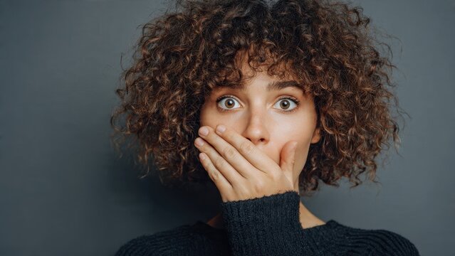 Surprised young woman with curly hair covering her mouth, expressing shock and astonishment on a gray background. Emotional portrait of a speechless female.