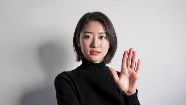 Young Korean woman with a serious expression making a 'stop' hand gesture, asserting boundaries or indicating refusal on a plain background.