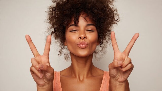 Joyful young woman with beautiful curly hair making peace signs with both hands while pouting her lips for a kiss, eyes closed, expressing happiness and positive vibes.