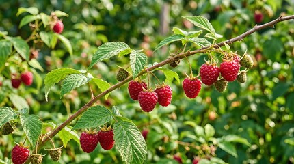 Obraz premium Red raspberries hanging from a green branch with lush leaves in a berry bush, surrounded by a vibrant garden setting filled with foliage and sunlight
