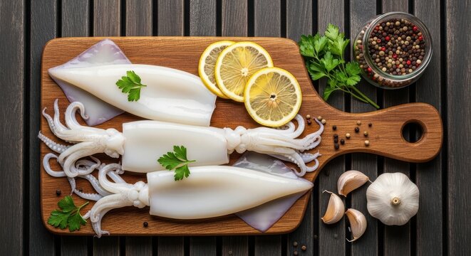 Fresh raw squid on a wooden cutting board with lemon slices, parsley, garlic, and peppercorns, ready for cooking