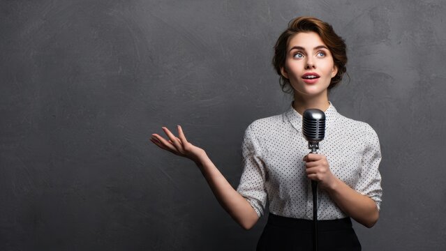 Expressive young woman confidently performing or speaking into a vintage microphone, gesturing with her hand against a dark grey background with copy space.