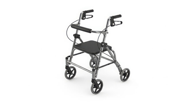 Modern aluminum walker with seat and wheels, providing mobility and independence for seniors and those with physical challenges.