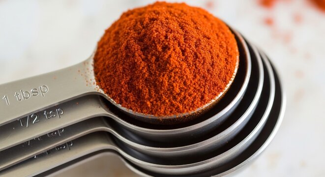 Close up of a measuring spoon filled with vibrant red paprika spice.
